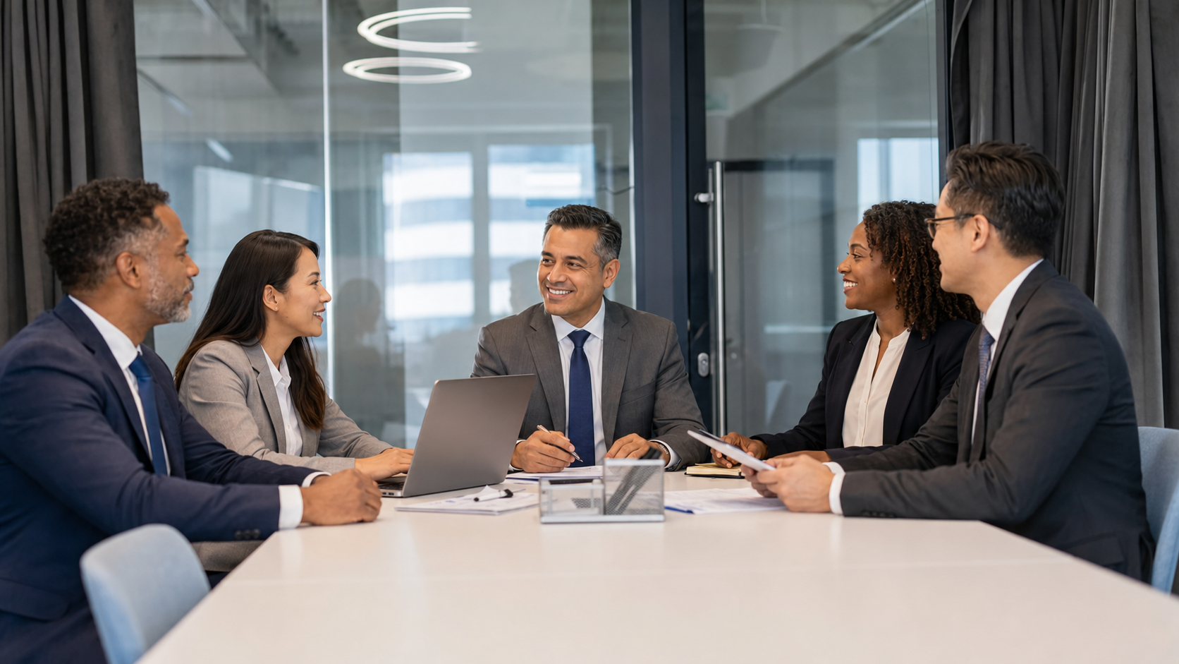 Professional executive businesspeople discuss corporation project planning sit at meeting room